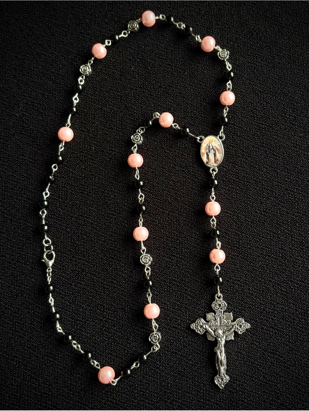 Ethereal Pink & Silver Rosary Necklace